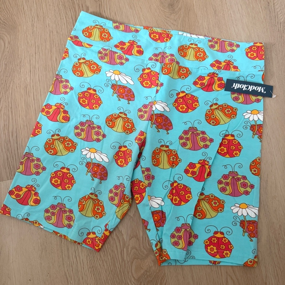 NWT ModCloth L Biker Shorts Novelty Ladybug Floral Print Blue Stretch Gardener
